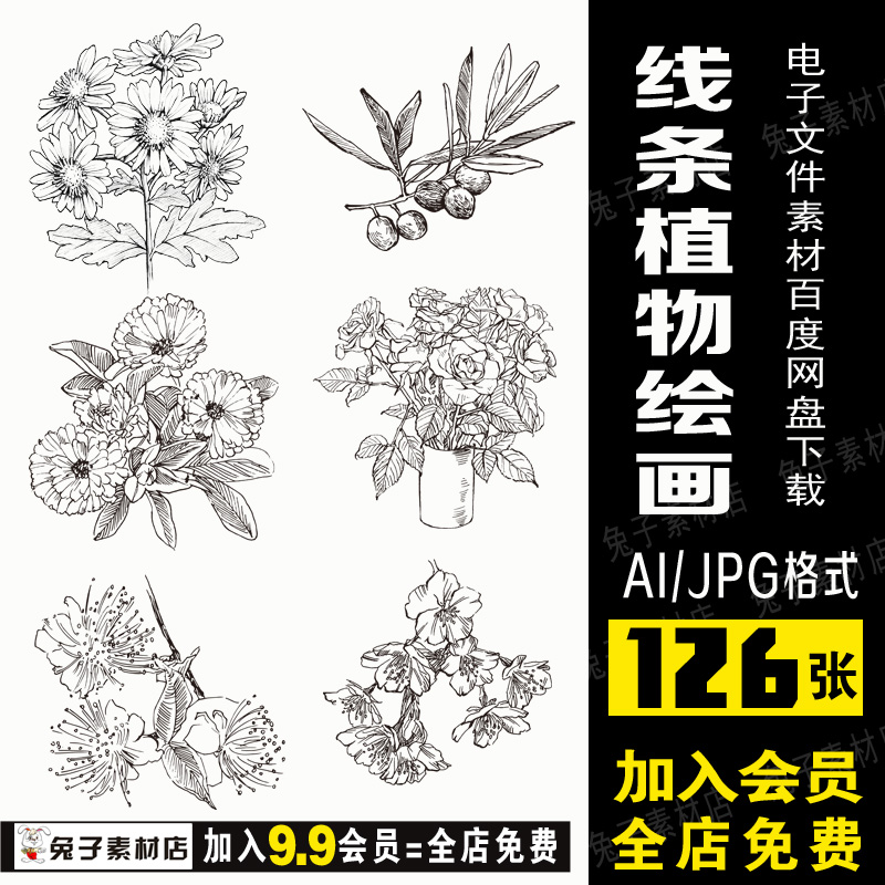 B42插画花卉线稿黑白植物线条花卉线稿临摹素材插图美术学生绘画