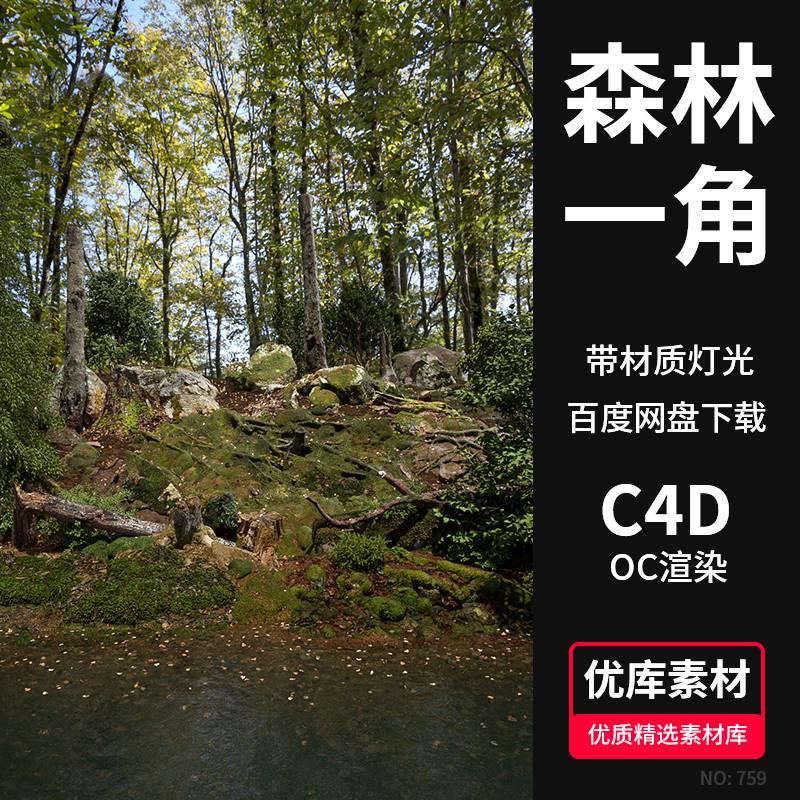 C4D森林一角3D场景枯树干石头青苔水面OC渲染器材质灯光工程素材