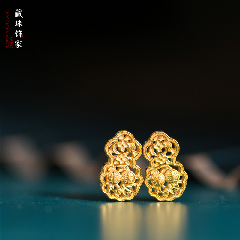 藏珠饰家 足金手工錾刻古法黄金镂空雕刻 一团和气葫芦配件