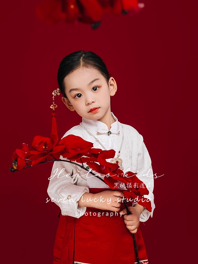 新中式红色马面裙女孩摄影拍照服装儿童红墙新年写真艺术照影楼新