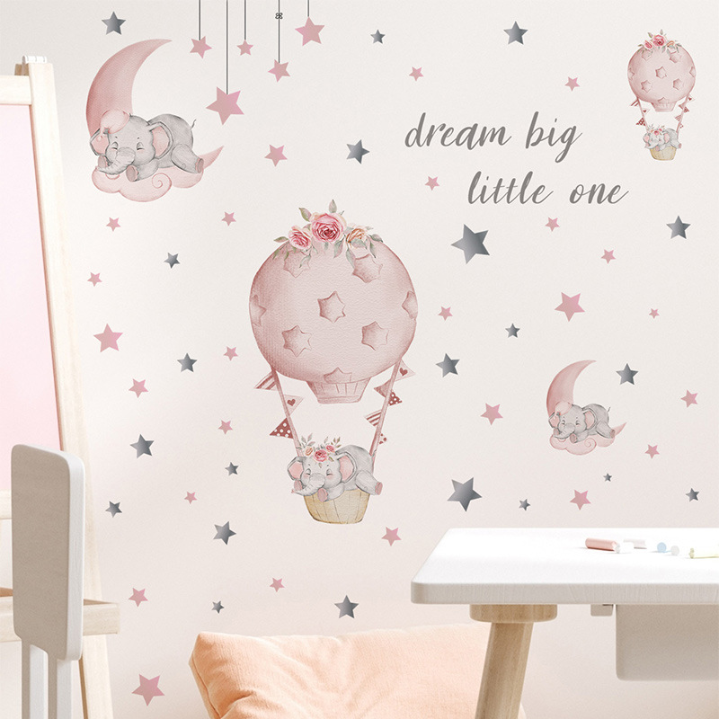 GJH168卡通睡觉小象热气球星星儿童房间背景墙面装饰墙贴画自粘
