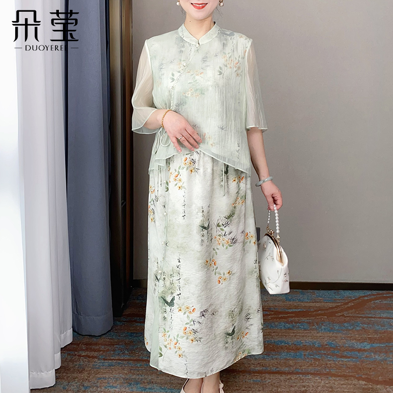 妈妈新中式夏装连衣裙宽松中长款裙子中年女薄款国风长裙中老年人