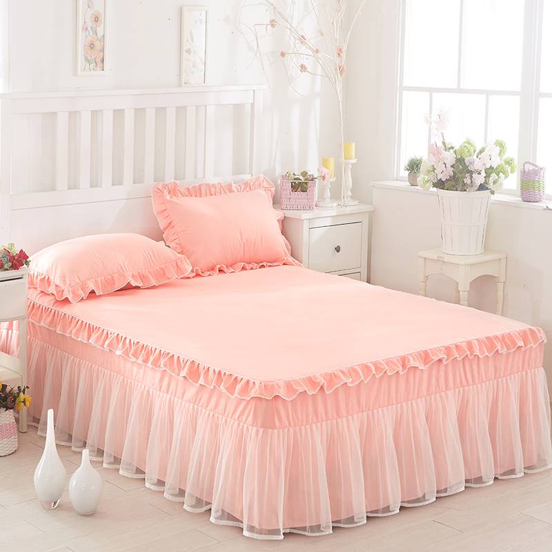 速发韩版公主床上用品磨毛蕾丝花边被套床裙粉红磨毛女童风床单床