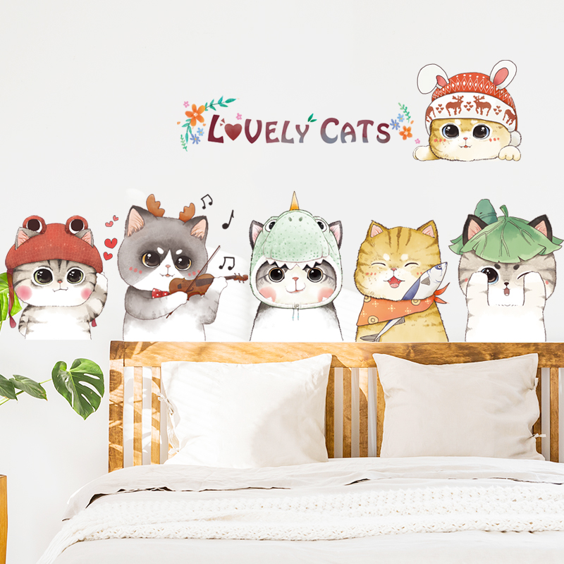 床头背景墙壁贴纸墙纸自粘少女房间布置宠物店墙面装饰猫咪墙贴画