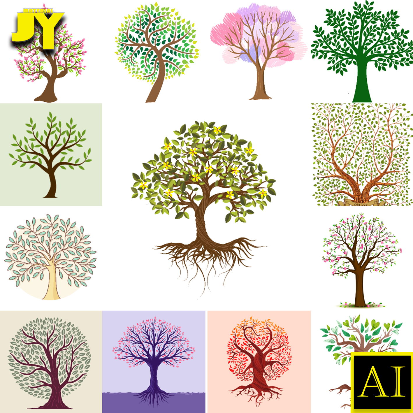 唯美手绘花树爱心树卡通树绿树芒果树柠檬树插画高清AI矢量图素材