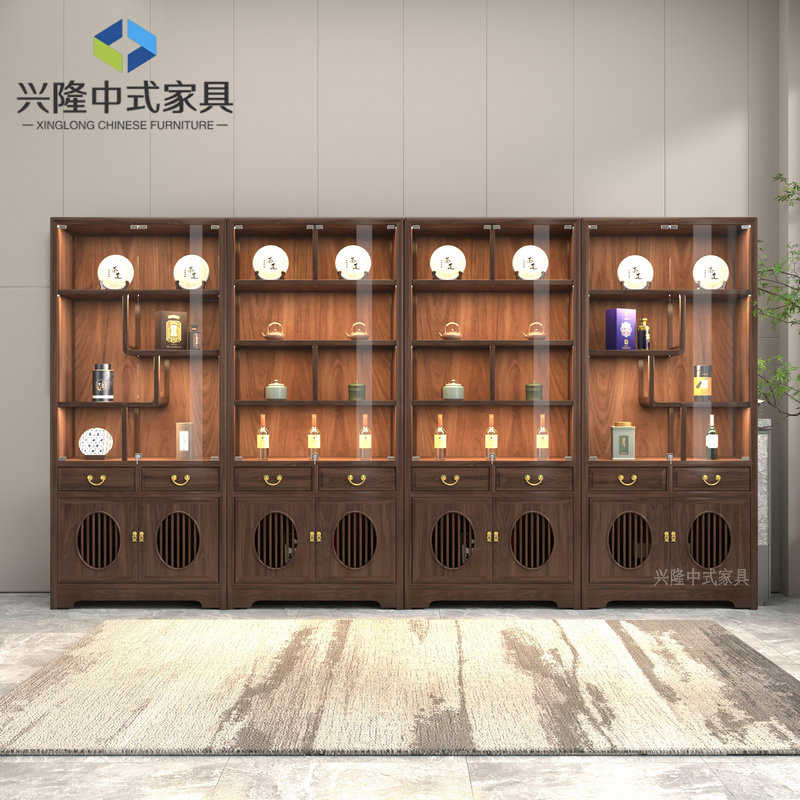 中式博古架酒柜玻璃柜带灯茶叶展示柜茶室置物架家用组合实木书柜