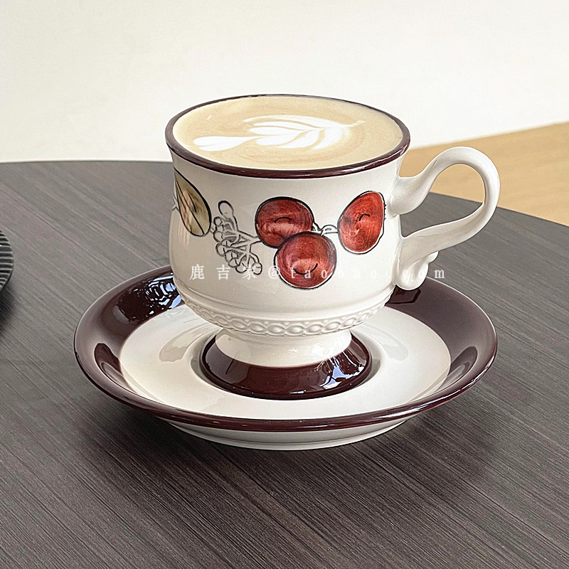 中古风手绘石榴陶瓷咖啡杯复古风日式下午茶高脚拿铁拉花杯碟套装
