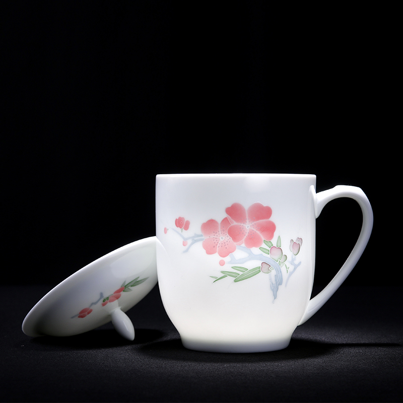 红色官窑毛瓷杯陶瓷带盖杯釉下手绘茶杯薄款办公室家用泡茶水杯