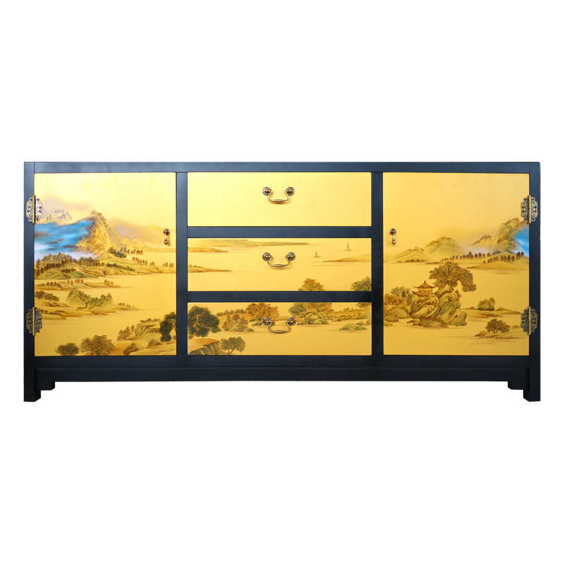 扬州漆器贴金彩绘山水双门三抽衣橱柜漆艺家居装饰新中式实木家具