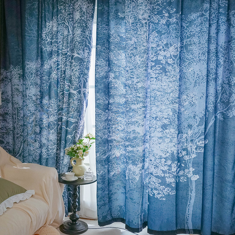 蓝色抽象图案窗帘茶室古风客厅卧室免打孔罗马杆挂钩绍兴柯桥厂家
