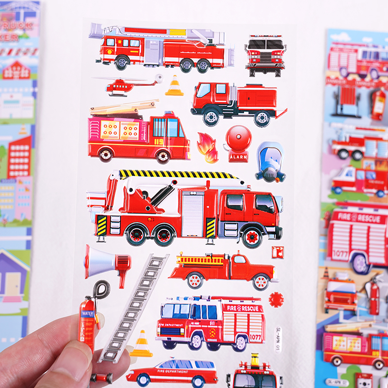消防车救火交通车儿童卡通立体贴纸幼儿男孩宝宝益智奖励手工贴画