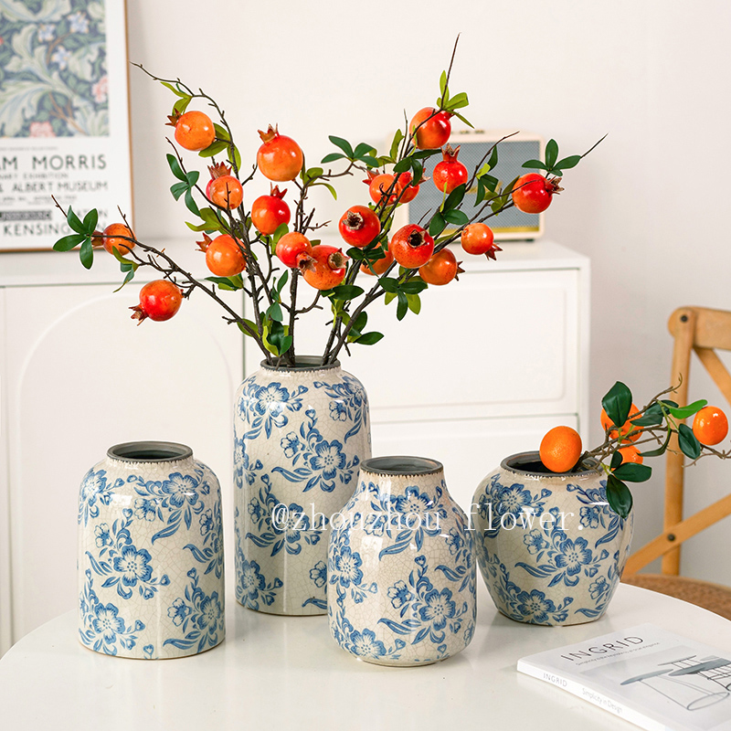新中式蓝彩花器冰裂纹乡村复古做旧青花瓷花瓶客厅插花摆件装饰品