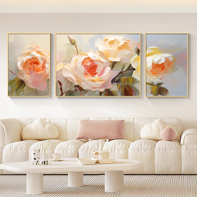 现代轻奢牡丹花客厅挂画花开富贵沙发背景墙装饰画奶油风三联壁画