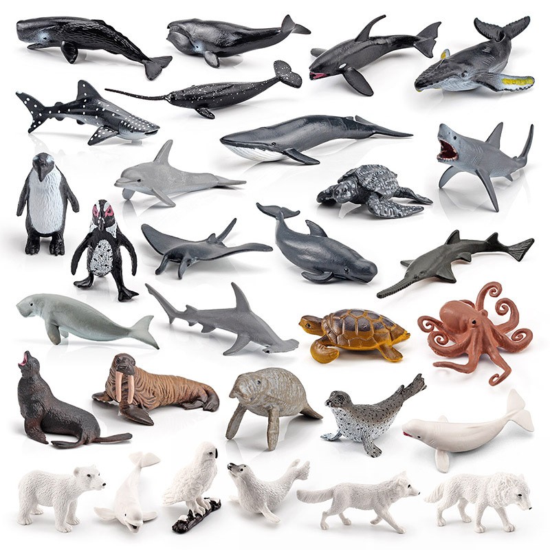 套装32件海洋动物模型海龟鲨鱼鲸鱼海狮海牛章鱼熊狼仿真摆件玩具