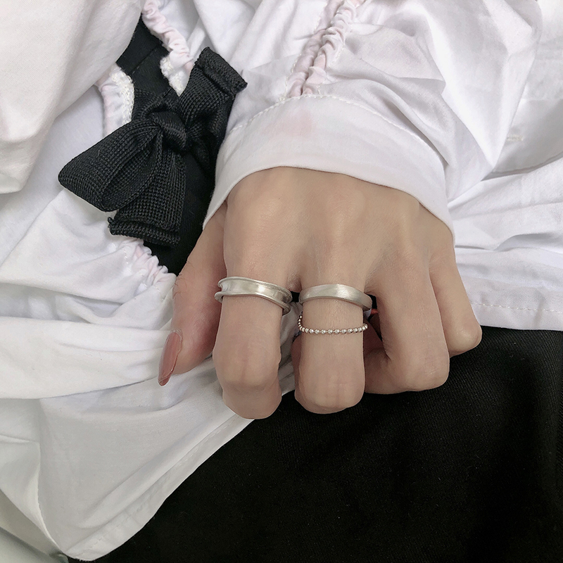 韩版S925纯银戒指女简约不规则凹凸面拉丝圆珠戒指个性指环食指戒