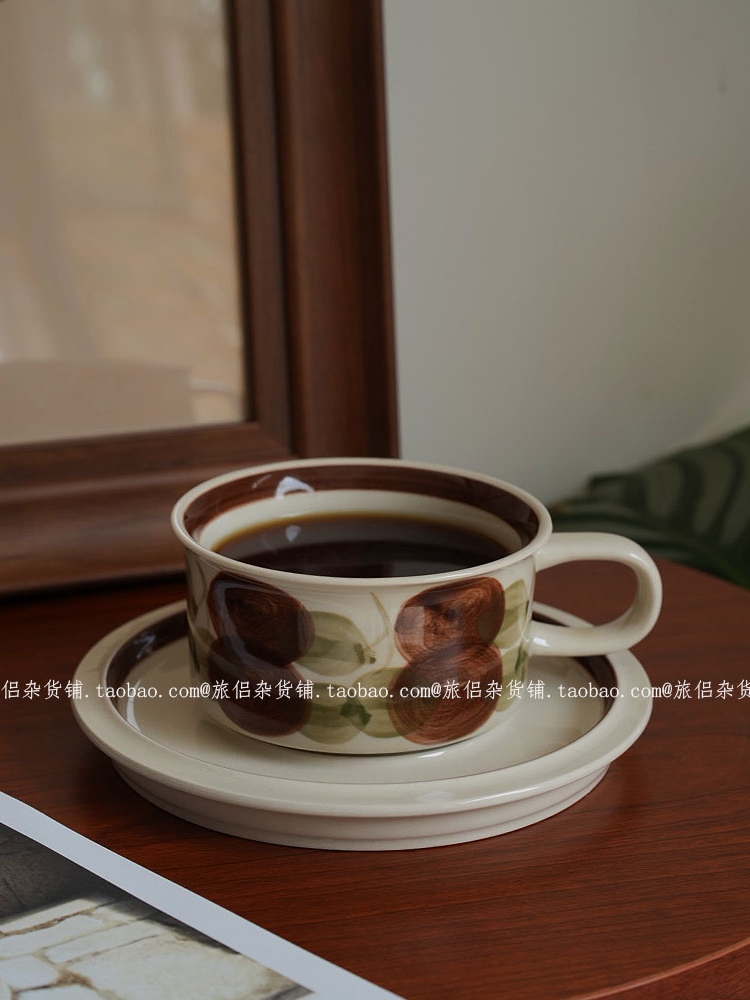 中古风手绘棕色海葵咖啡拿铁杯拉花杯下午茶杯碟复古杯礼物伴手礼