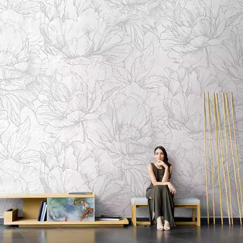 北欧手绘壁纸涂鸦花朵素描墙布电视背景墙美式卧室沙发法式壁画