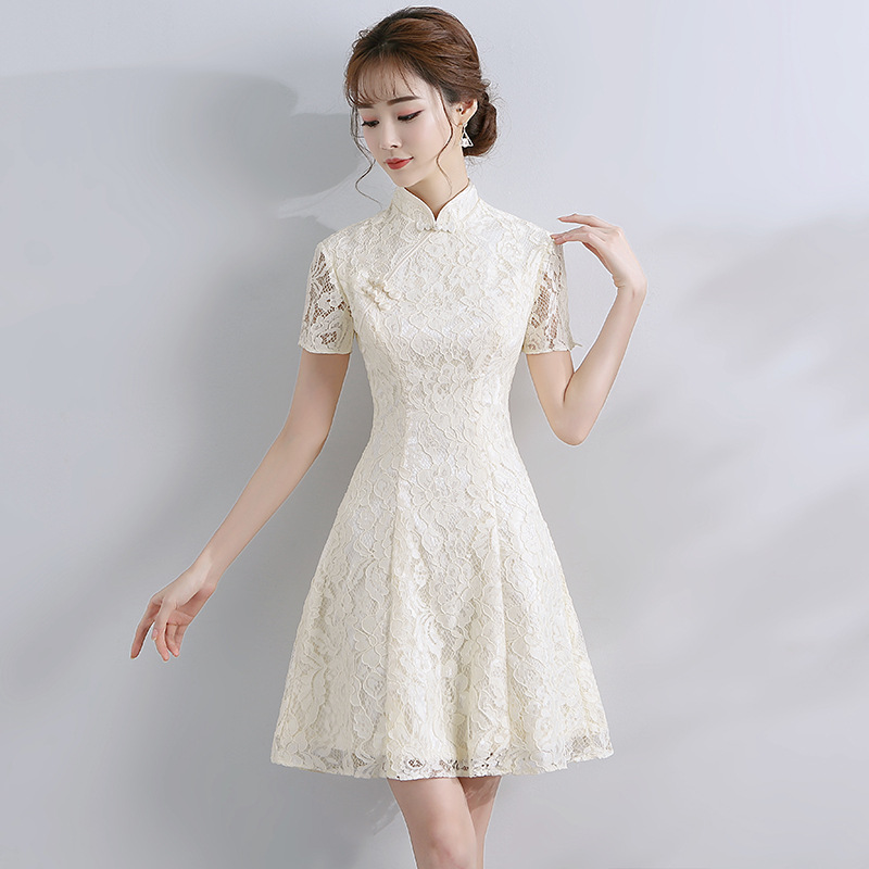 2024年春夏法式旗袍改良版连衣裙蕾丝年轻款中国风少女小个子短款