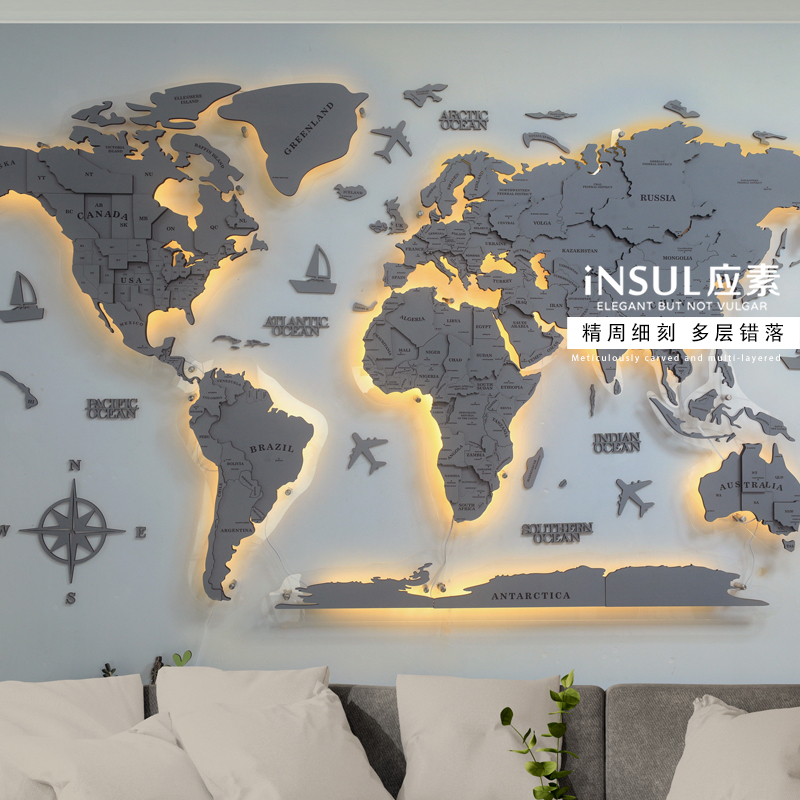 灰色黑色世界灯光发光地图实木质立体质壁饰墙面装饰客厅公司形象