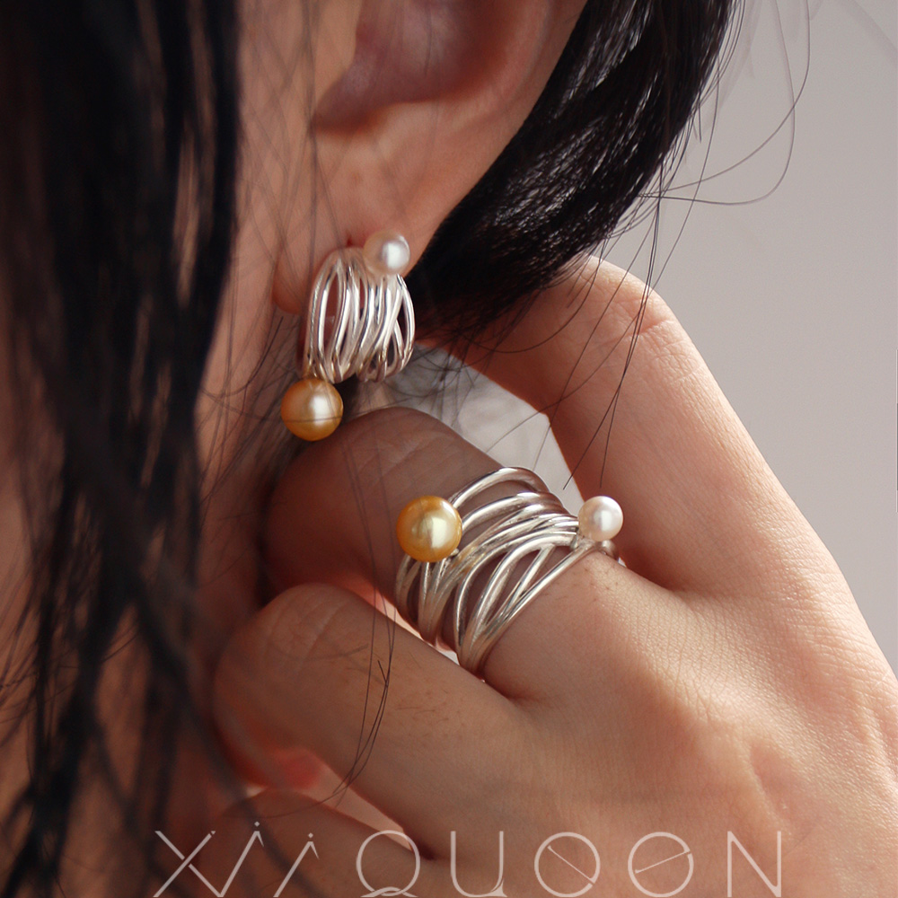 Xii设计淡水双珍珠金珠多层宽戒指通体纯银开口指环气质简约男女