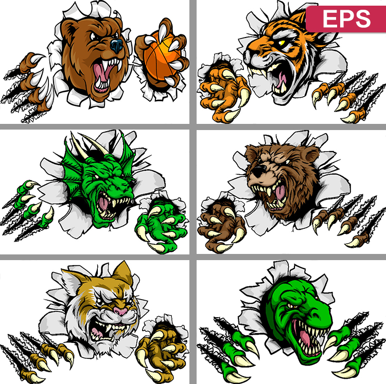 3D立体凶猛动物破洞而出卡通恐龙老虎熊EPS矢量印花图案设计素材