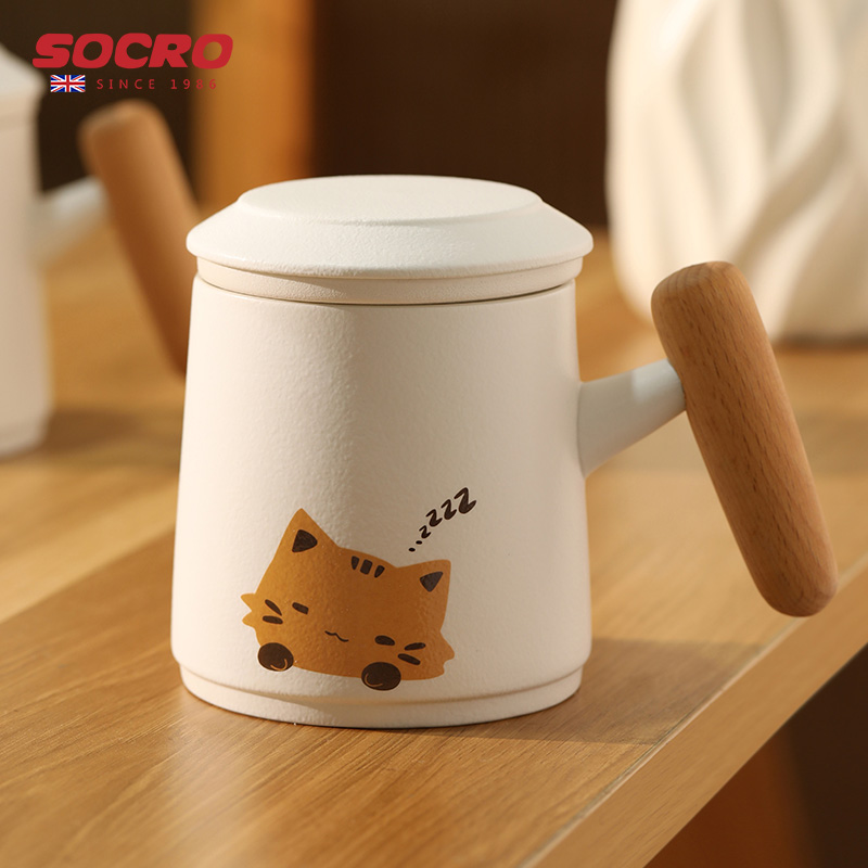 socro可爱猫咪泡茶杯陶瓷茶水分离女士个人专用办公室喝茶马克杯