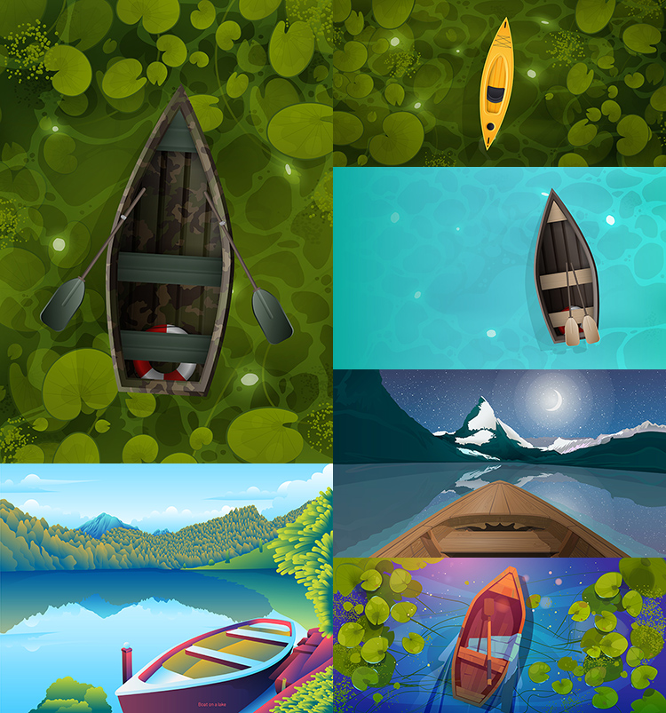 湖面上的船只 卡通唯美意境木船风景插画背景 AI格式矢量设计素材
