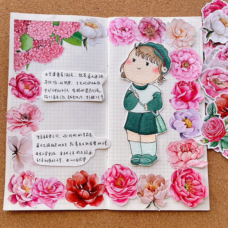可爱水彩粉色花朵贴纸自制少女心手工素材相册边框装饰幼儿园奖励