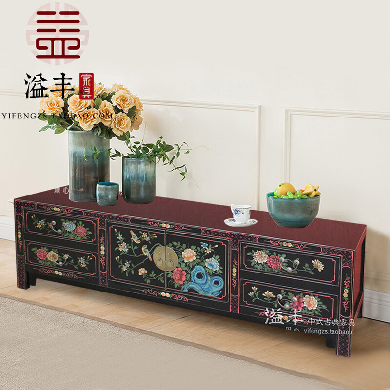 新中式仿古家具实木彩绘花鸟电视柜现代简约复古田园手绘储物矮柜