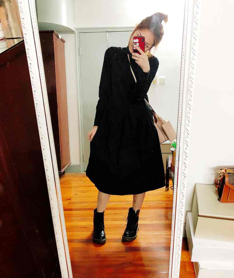 补到新尺码法单有大码 春秋特别设计黑色连衣裙气质长袖连衣裙