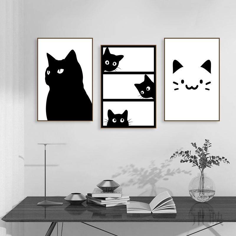 黑白小猫挂画创意可爱卡通动物儿童房装饰画宠物店猫咖背景墙壁画