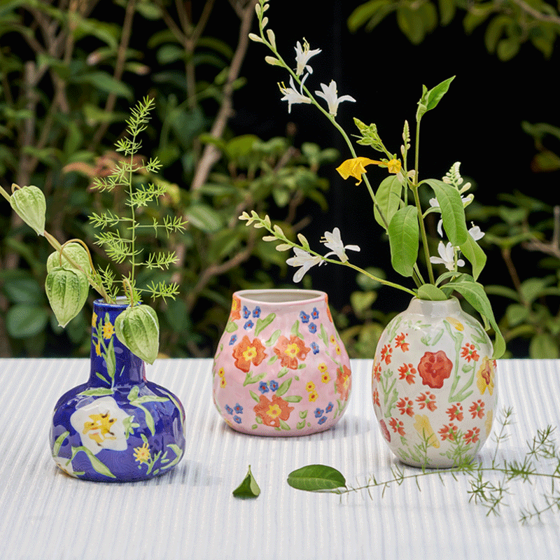 DCASA 美式手绘彩色陶瓷花瓶 高级感艺术插花器 田园风迷你小花瓶