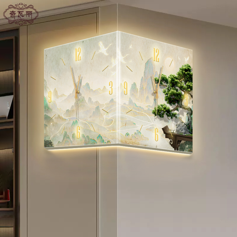 新中式转角挂钟装饰画迎客松创意时钟壁灯双面钟表发光壁画玄关