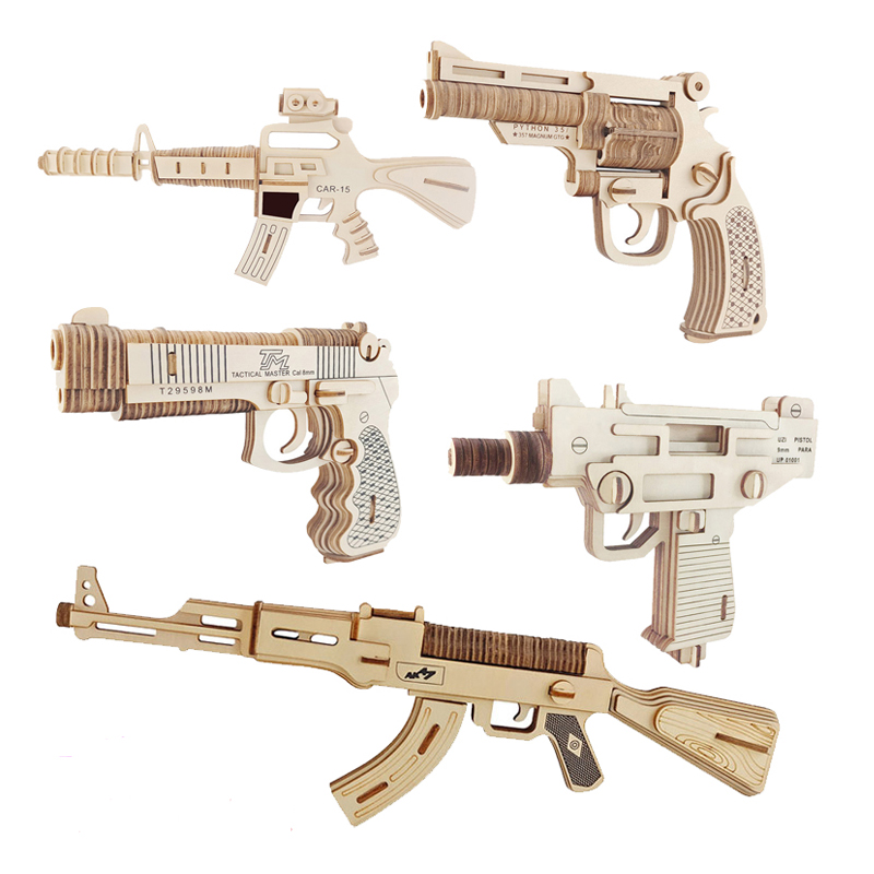 包邮木制3d立体拼图 仿真手枪玩具 军事拼装模型冲锋枪步枪突击枪