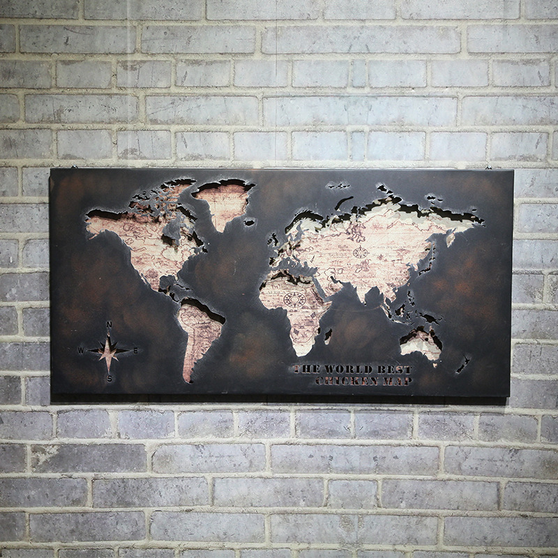 复古3D镂空世界地图壁挂黑色铁艺壁饰墙面装饰工业风壁饰金属工艺