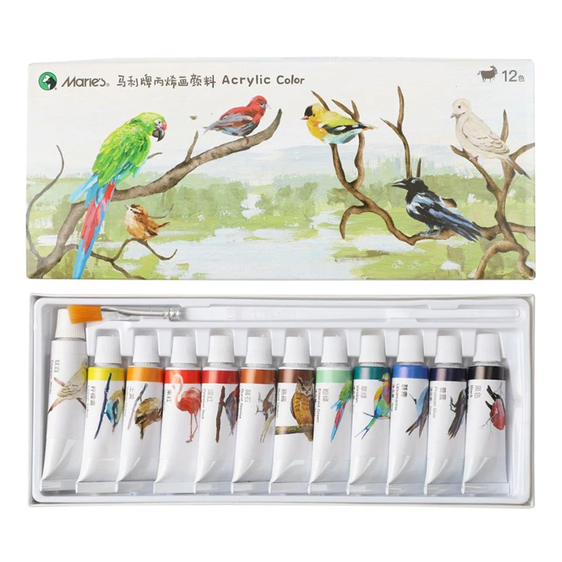 马利牌丙烯画颜料套装24色儿童小学生美术绘画专用小盒便携式防水防晒不易掉色玛丽小支12色天空中的鸟类系列