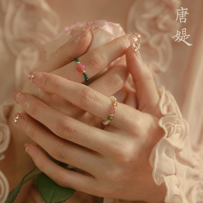 唐媞新中式祖母绿串珠水晶戒指古风淡水珍珠食指戒指小众设计指环