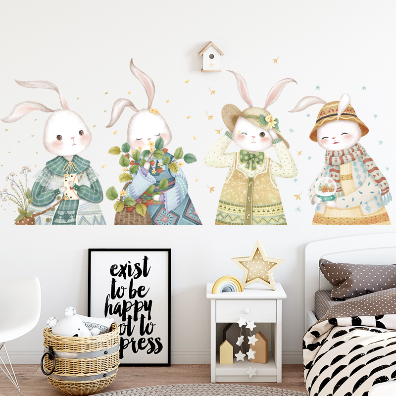 墙贴治愈系日式卡通兔子可爱温馨儿童房间卧室寝室床头自粘墙壁纸