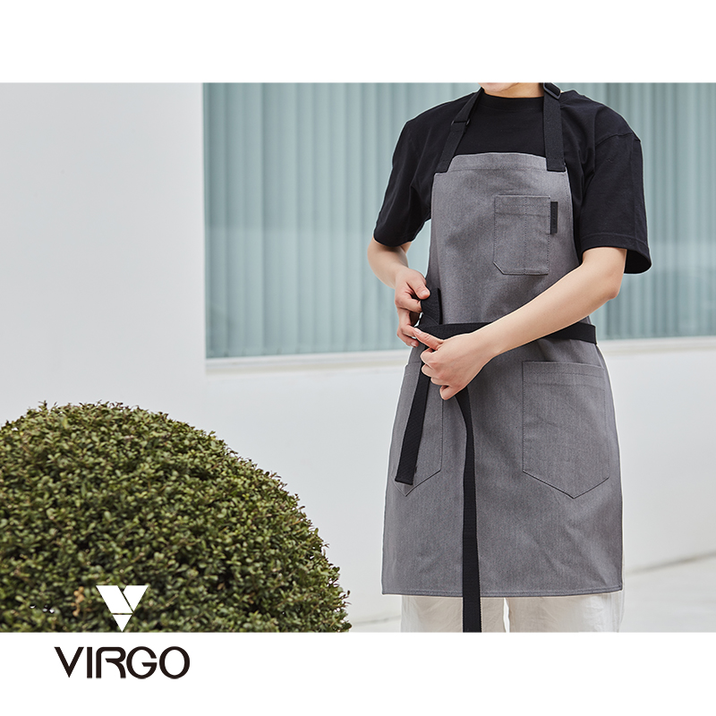 Virgo设计灰色牛仔围裙家居纯棉厨房烘焙围裙男女纯色定制logo