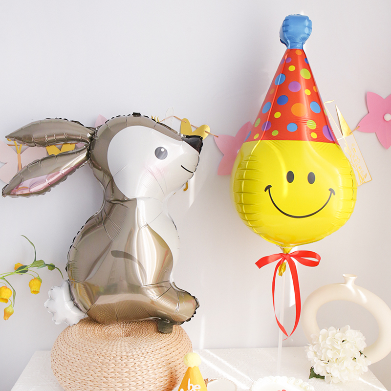 卡通动物生日帽笑脸铝膜气球生日派对布置铝箔酒店房间场景装饰