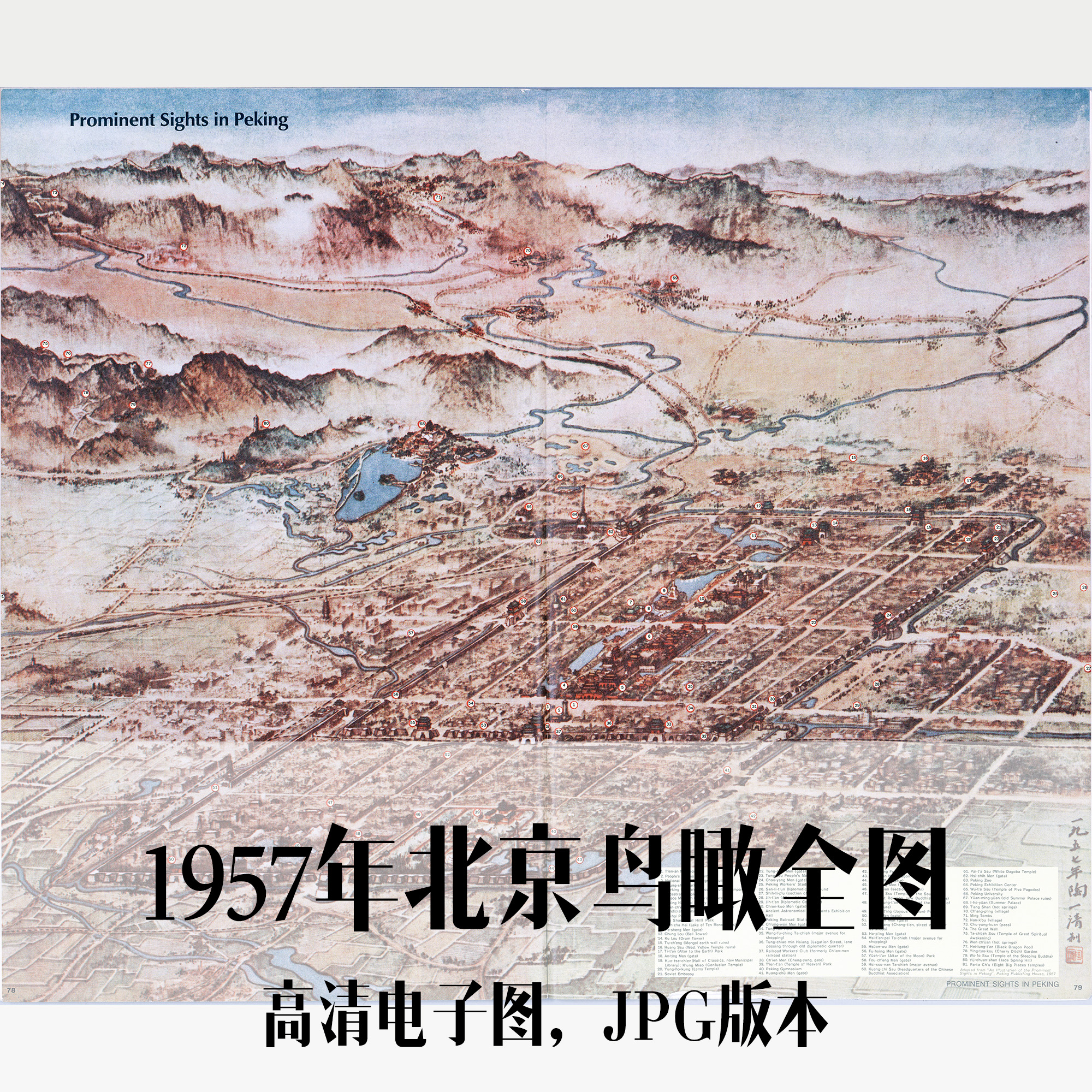 1957年北京鸟瞰全图民国电子老地图历史地理资料素材