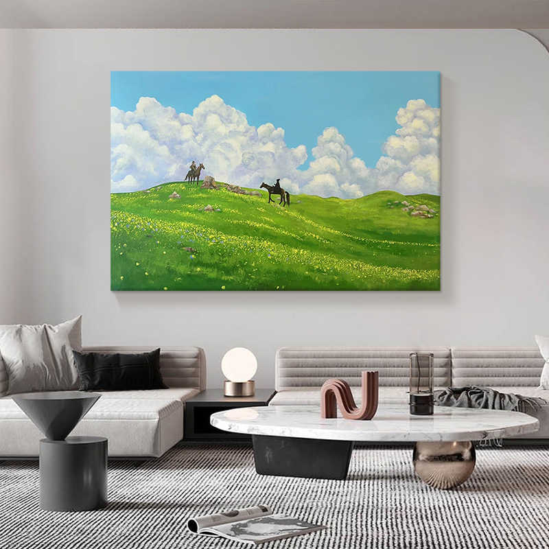 大芬油画村手绘草原风景挂画玄关客厅沙发背景墙白云朵横版装饰画
