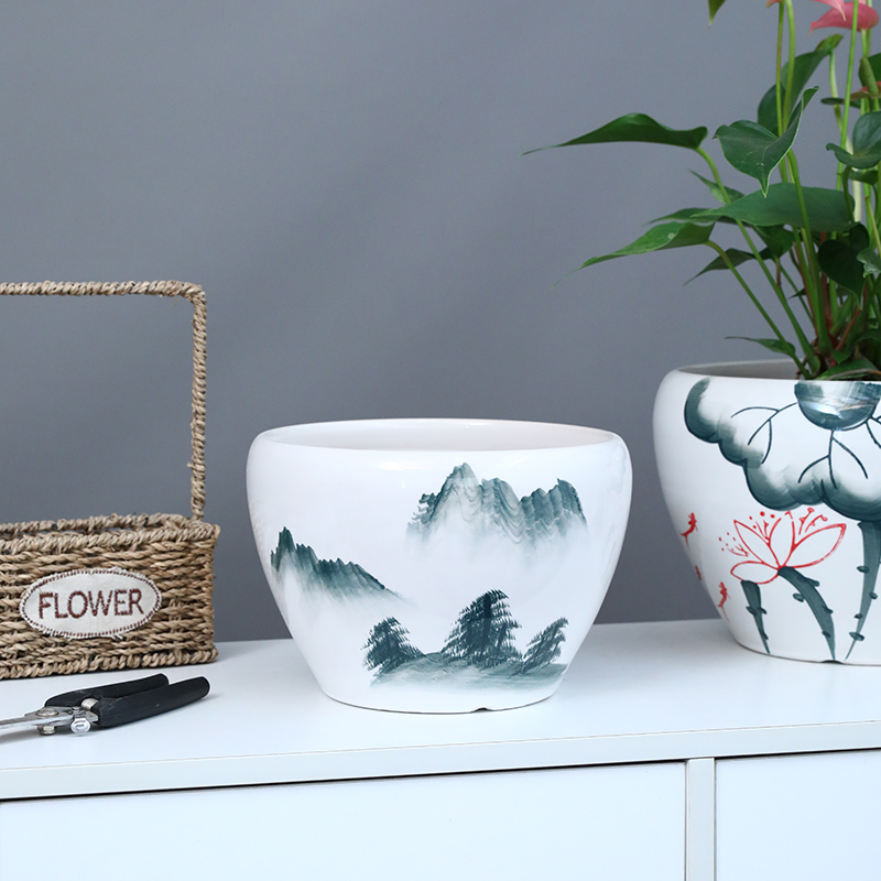 中国风写意画苹果型陶瓷花盆家用摆放绿萝白掌花卉绿植特大号包邮