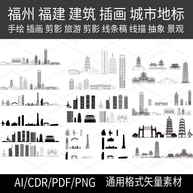 福建福州城市印象横幅地平线景观地标建筑剪影线稿插画矢量AI素材
