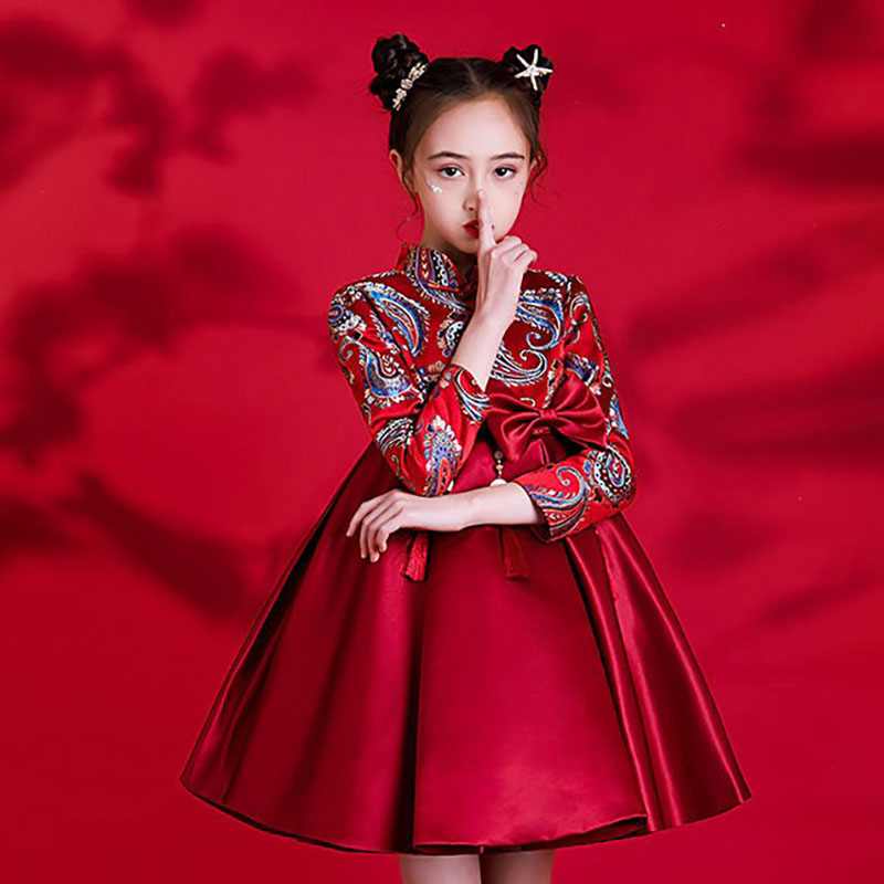 女童中国风潮旗袍长袖儿童礼服唐装诗歌朗诵演出服春节过年拜年服