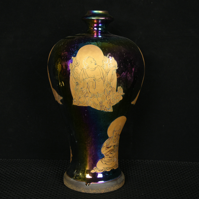 宋建窑供御款描金彩罗汉纹梅瓶古董古玩瓷器收藏