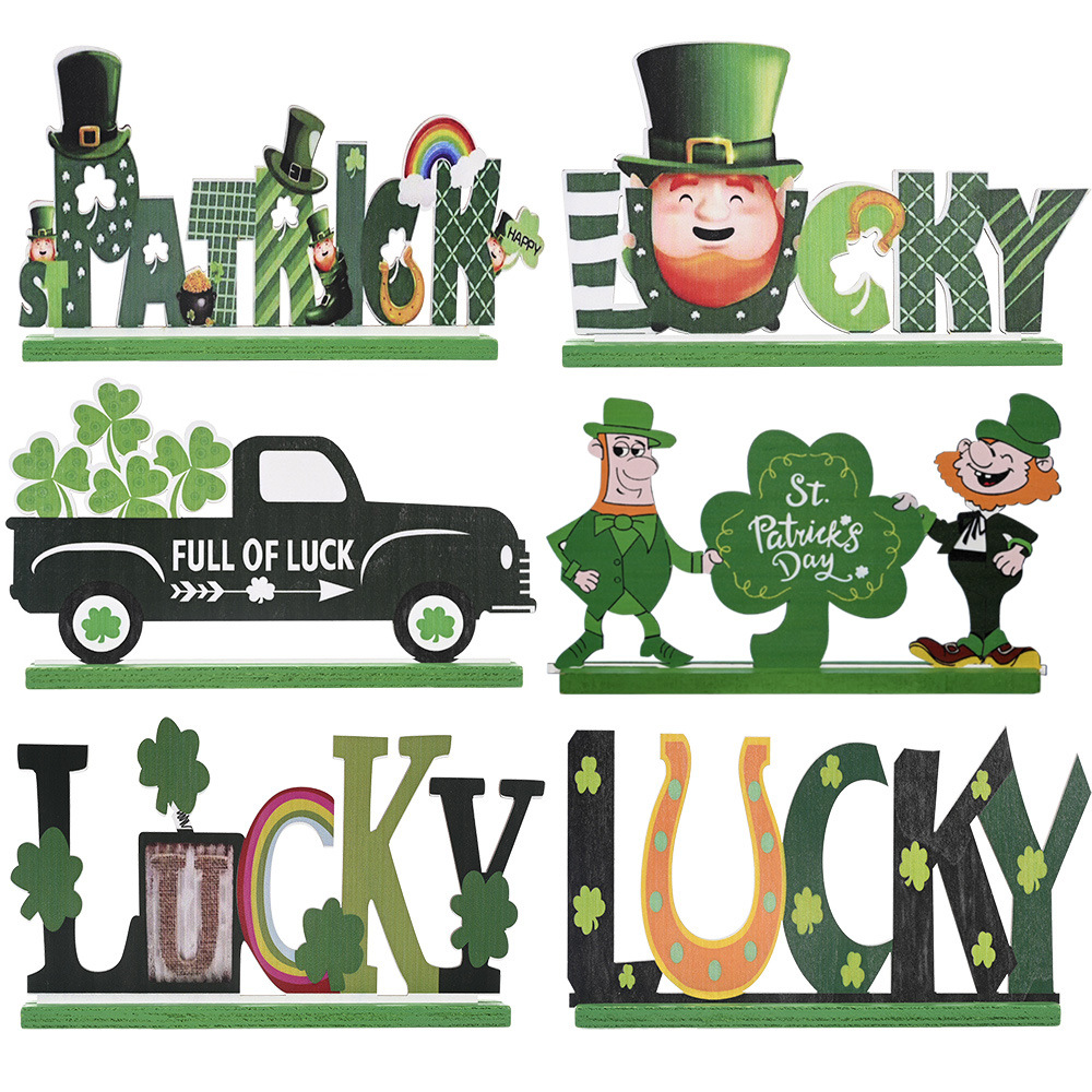 H1新款爱尔兰节圣帕特里克节装饰品 木质字母公仔摆件 绿叶节摆饰