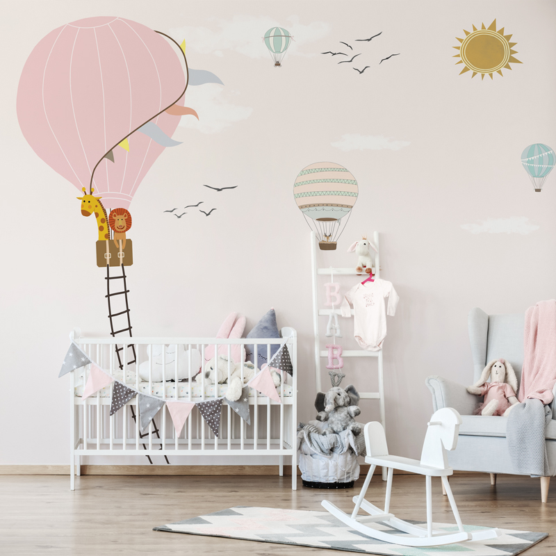 北欧女孩房间墙纸儿童房壁纸男孩卧室卡通墙布热气球定制壁画无缝