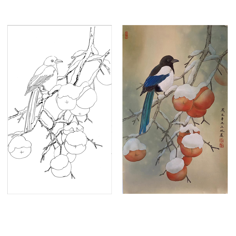 国画工笔画打印白描底稿竖幅柿子小鸟初学者临摹勾线过稿上色