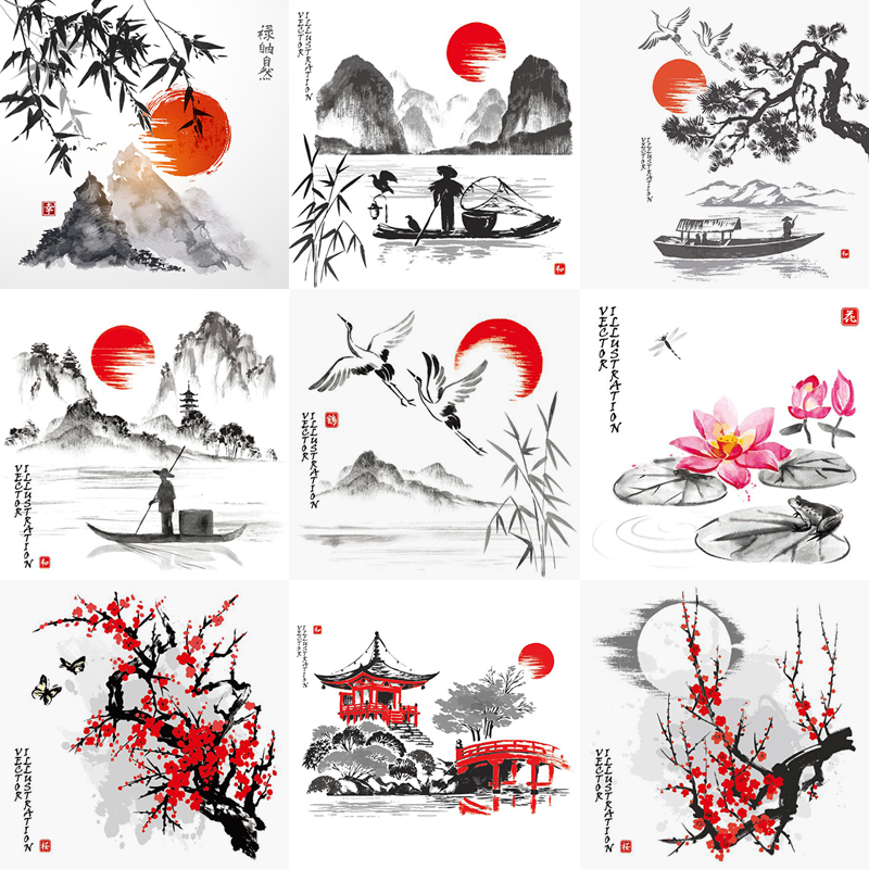 简约中国风古风水墨山水仙鹤渔夫图案海报背景AI矢量设计素材模板